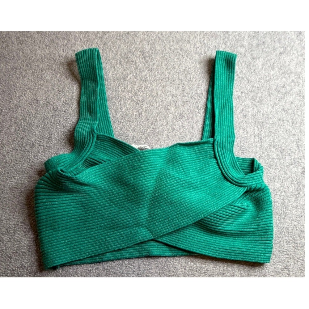 Mango MNG Green Ribbed Knit Crossover Wrap Crop Top Sleeveless XS